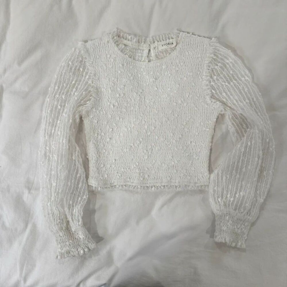 Storia White Textured Puff fitted Long Sleeve top womens Small